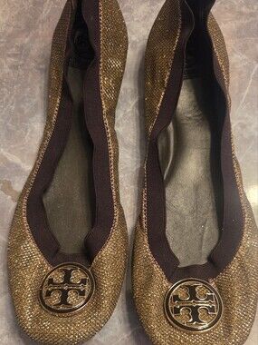 Tory Burch Metallic Gold Glitter Ballet Flats with Logo Medallion